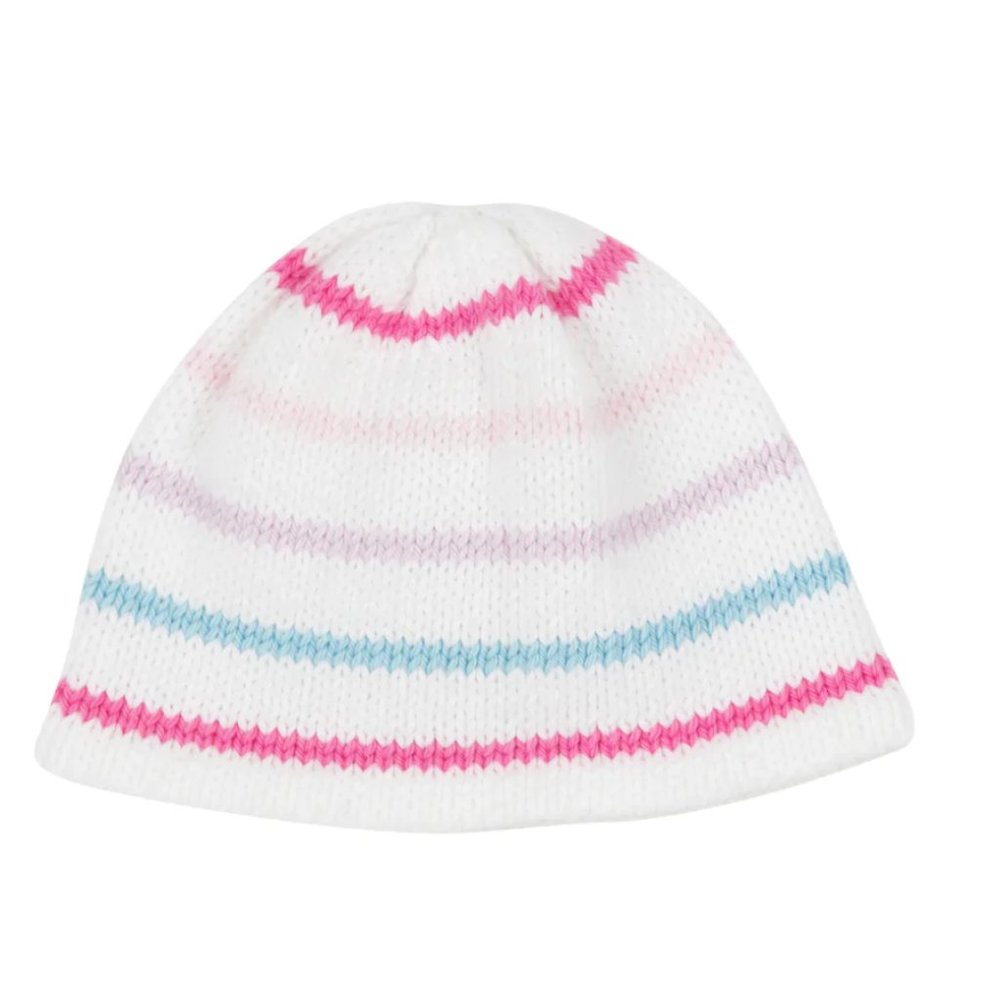 The Beaufort Bonnet Company White Knit Hat with Pink, Blue, and Lavender Stripes